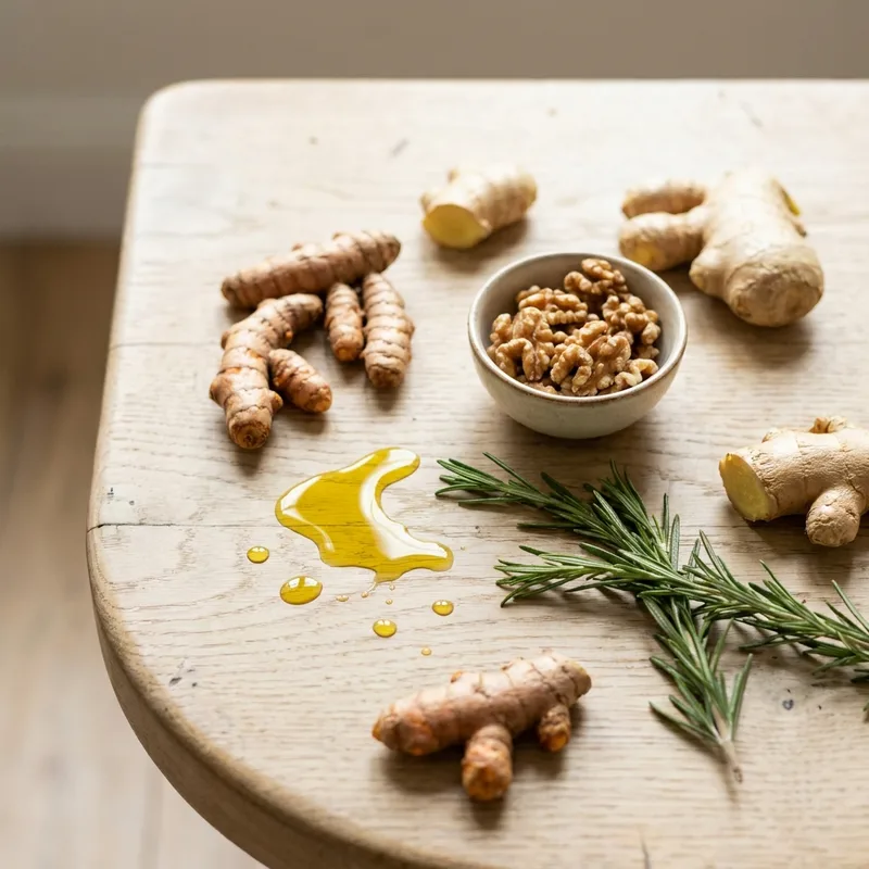 Entzündungshemmende Zutaten: Kurkuma, Ingwer, Walnüsse und Olivenöl