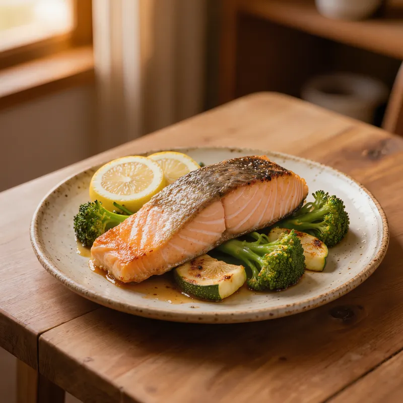 Gebratener Lachs auf Gemüse, eiweißreiche, entzündungsarme Küche