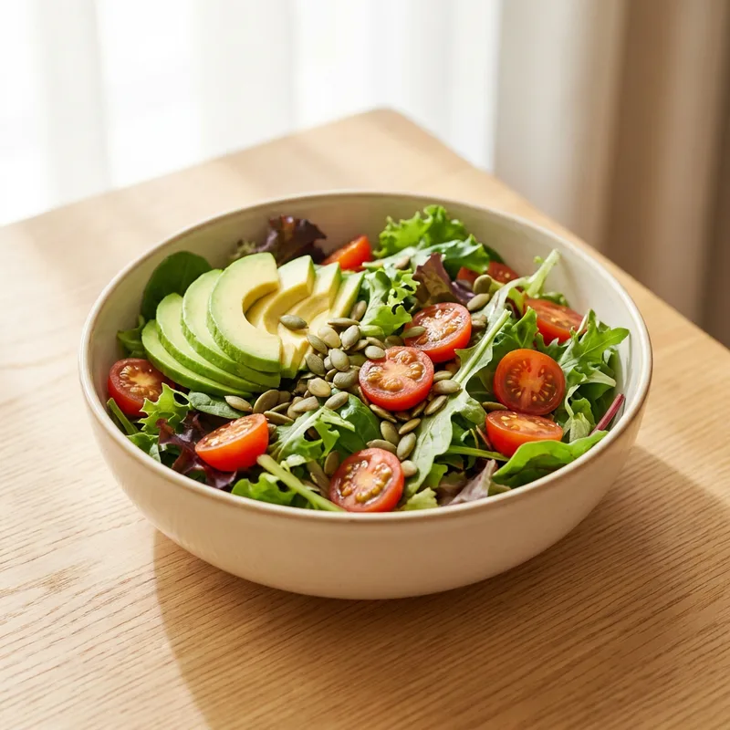 Frischer Salat mit Avocado, Tomaten und Kürbiskernen